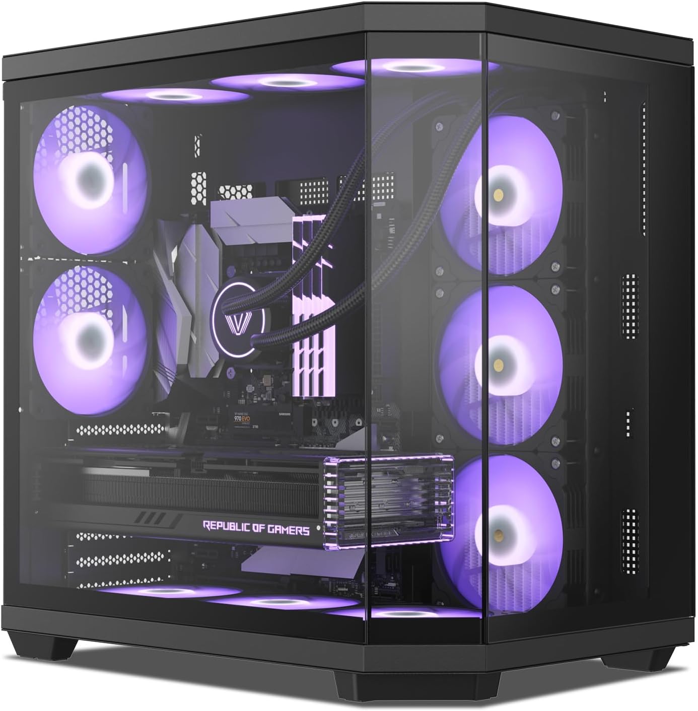 Vetroo CT3 ATX Mid-Tower Gaming Computer PC Case, Dual Chamber Panoramic Tempered Glass, Supports 360mm Radiator & 11 Fans, Up to 410mm GPU, Type-C Ready, High-Airflow for 50 Series GPUs (Black)