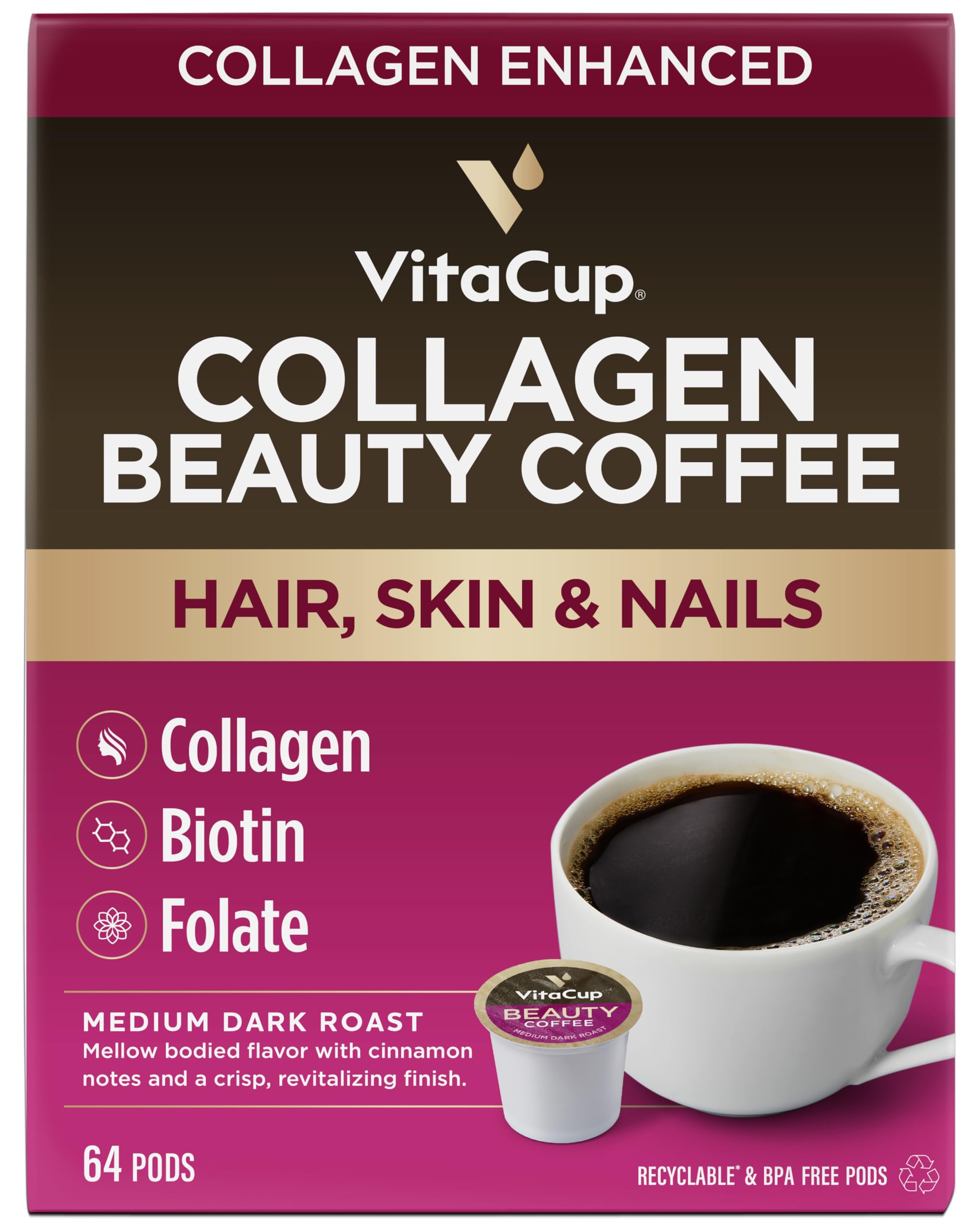 VitaCupBeauty Collagen Coffee Pods for Hair, Skin & Nails, with Biotin & Folate, Medium Dark Roast, Keto Friendly, Recyclable Single Serve Pod Compatible with Keurig K-Cup Brewers,64 Ct