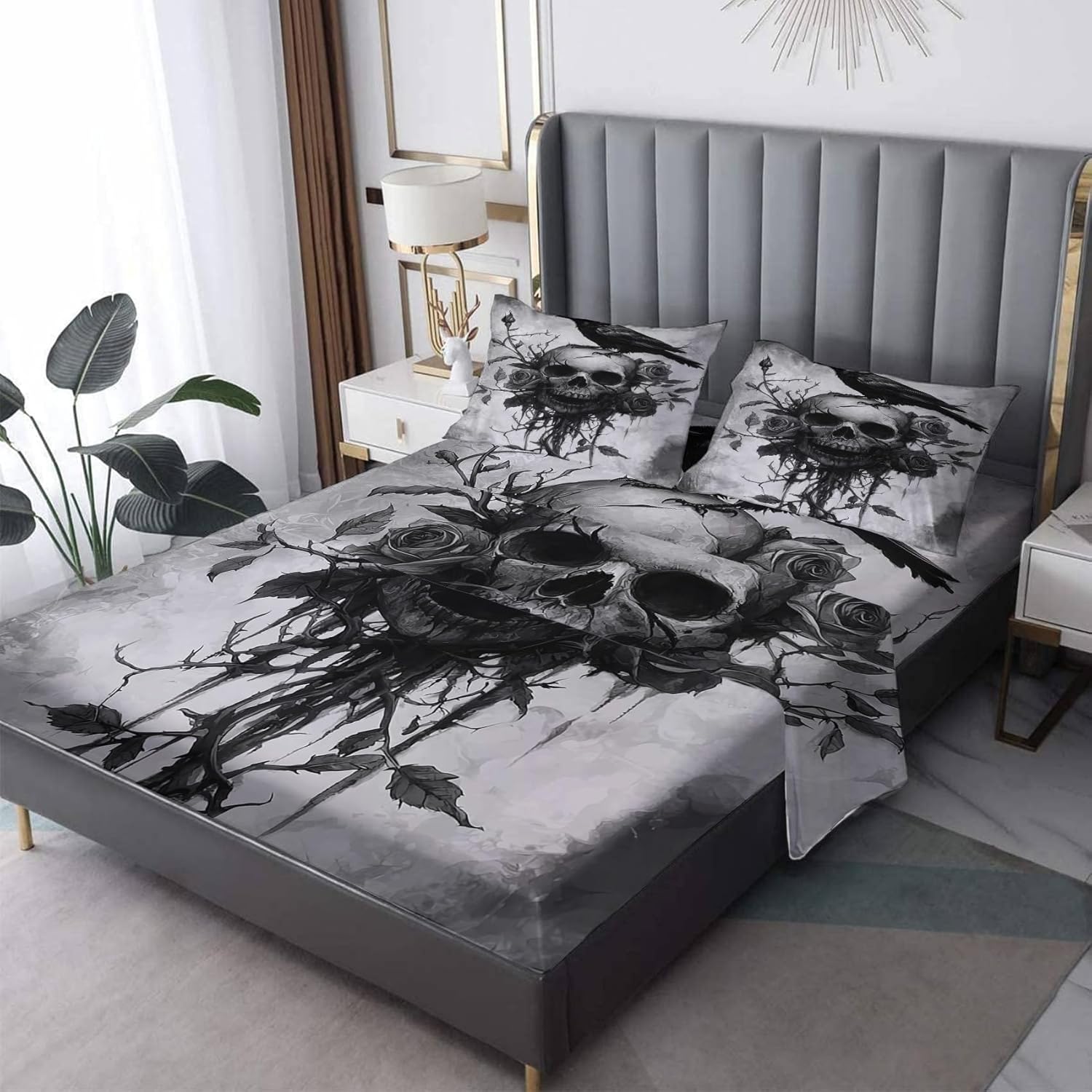 Skull Sheets - Cal King Sheet Sets - Gothic Crow Bed Sheet, Soft Microfiber & Deep Pocket & Lightweight Patterned Bedding Sheets & Pillowcases - Skull Decor & Gifts