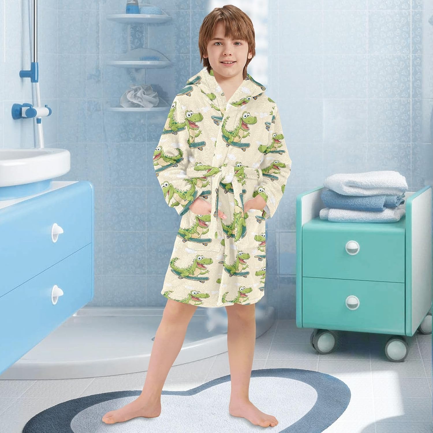 senya Skateboard Crocodile Toddler Hooded Bathrobe Kids Soft Plush Bath Towel Robes for Boys Girls 2-12 Years