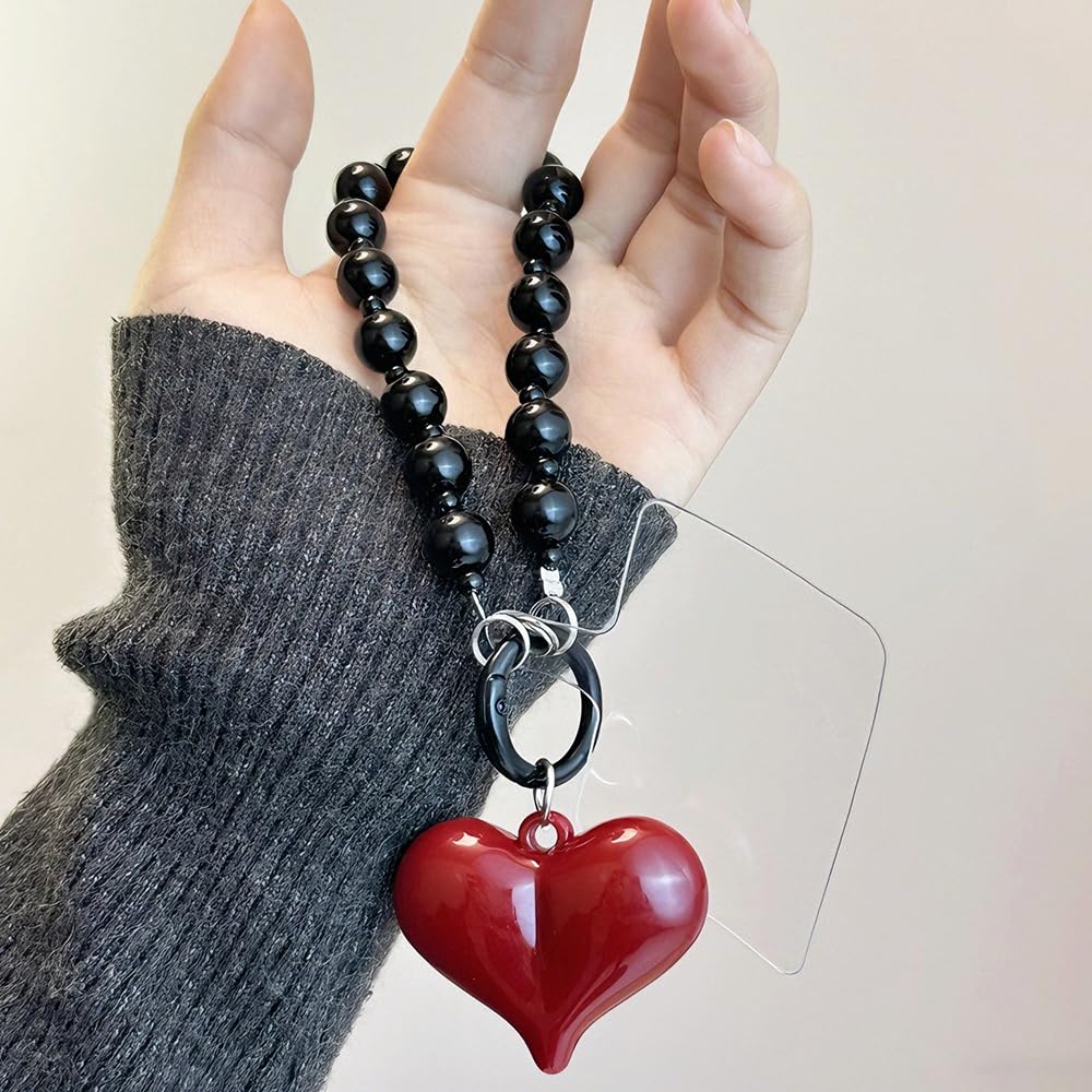 Red Heart Phone Charm Strap Black Beaded Phone Lanyard Cute Bag Charms for Handbags Cellphone Chain Wristlet Heart Bag Charm Purse Keychain for Women Cellphone Keychain Beaded Camera Wrist Strap — view 7