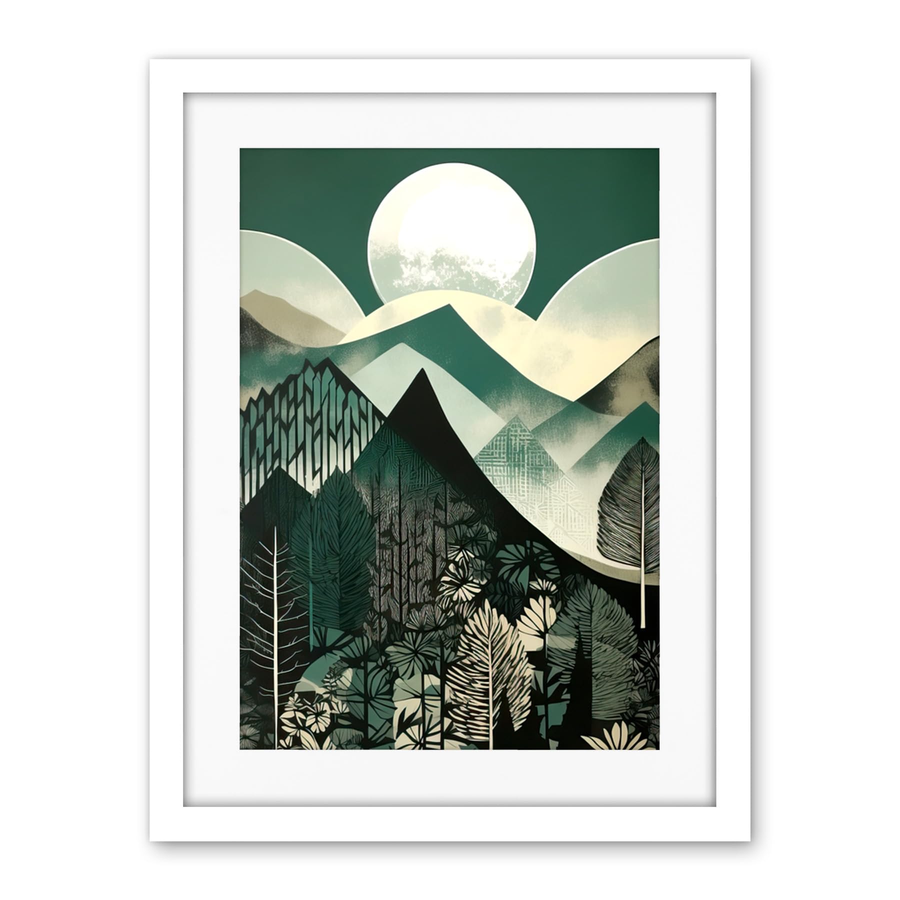 Artery8 Full Moon Over Mountain Forest Linocut Mid Century Sage Green Moonlit Landscape Artwork Framed Wall Art Print 18X24 Inch
