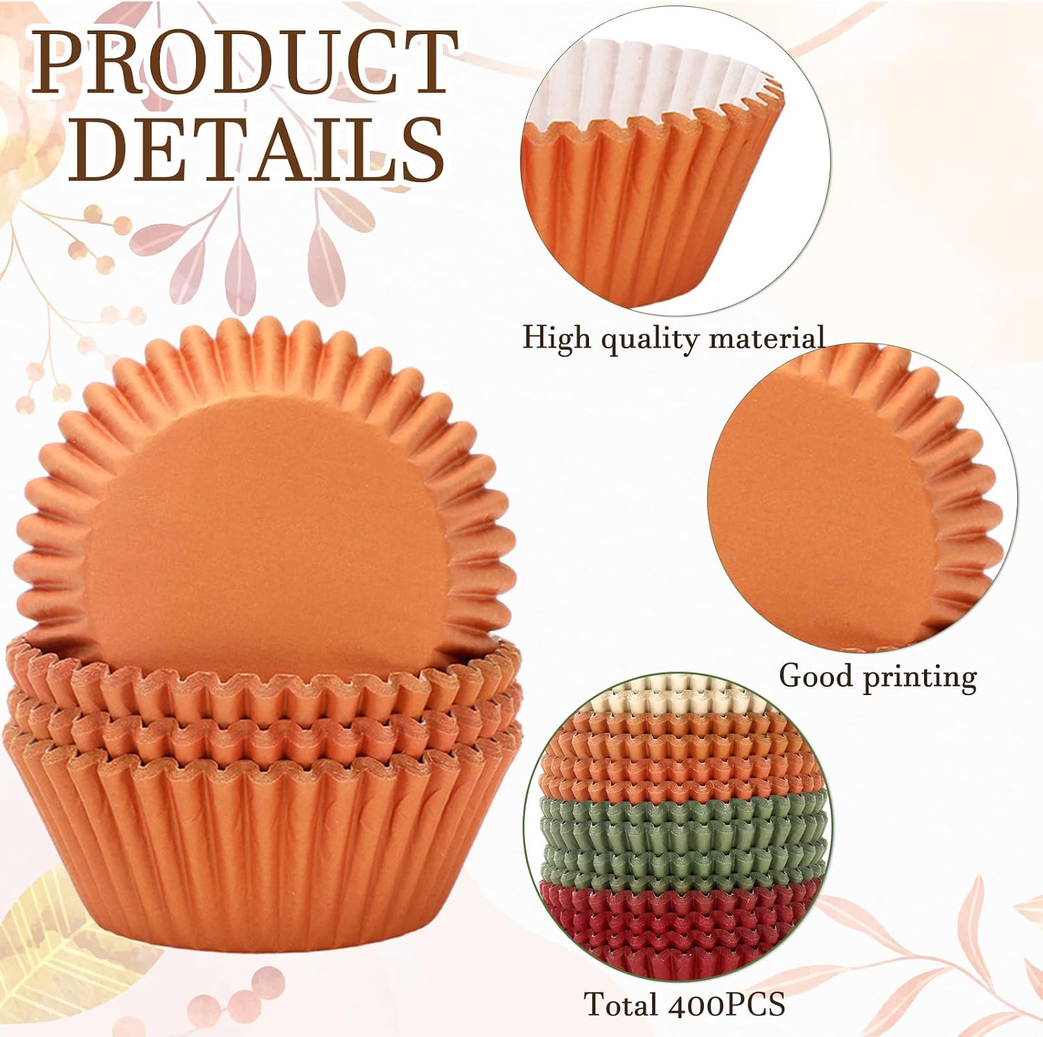 FYSUIMU 400 Pcs Fall Cupcake Liners Autumn Paper Baking Cups Orange Green Beige Red Muffin Liner Cake Storage Container for Thanksgiving Party Wedding Birthday Supplies Table Decor