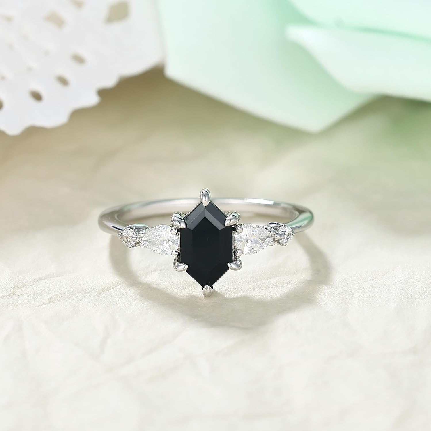 Natural Black Onyx Wedding Ring for Women 925 Sterling Silver Plated with Platinum Agate Gemstone Engagement Promise Cocktail Ring for Her Size 4-9