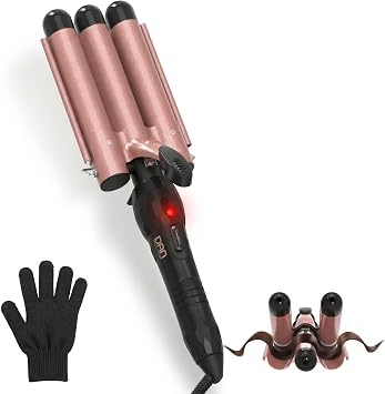 Hair Crimper 1 Inch, 2 Heat Settings 320F/410F, Ceramic Triple Hair Waver for Beach Waves, Dual Voltage 110-240V, Auto Shut-Off, Glove Included, Rose Gold