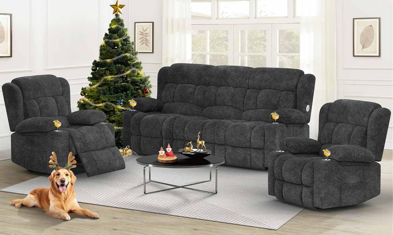 Dresegmt Loveseat Recliner Sofa Set, Flip Middle Backrest Design 3 Seater Reclining Sofa and 2PC Single Oversized Recliner Chair, Manual Couches for Living Room/RV (Gray,3+1+1)