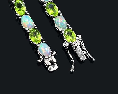 Miniatura 4 de Pulsera de tenis de plata de ley 925 ovalada de ópalo natural ovalada y piedra preciosa de peridoto con piedra natal de agosto, regalo de propuesta