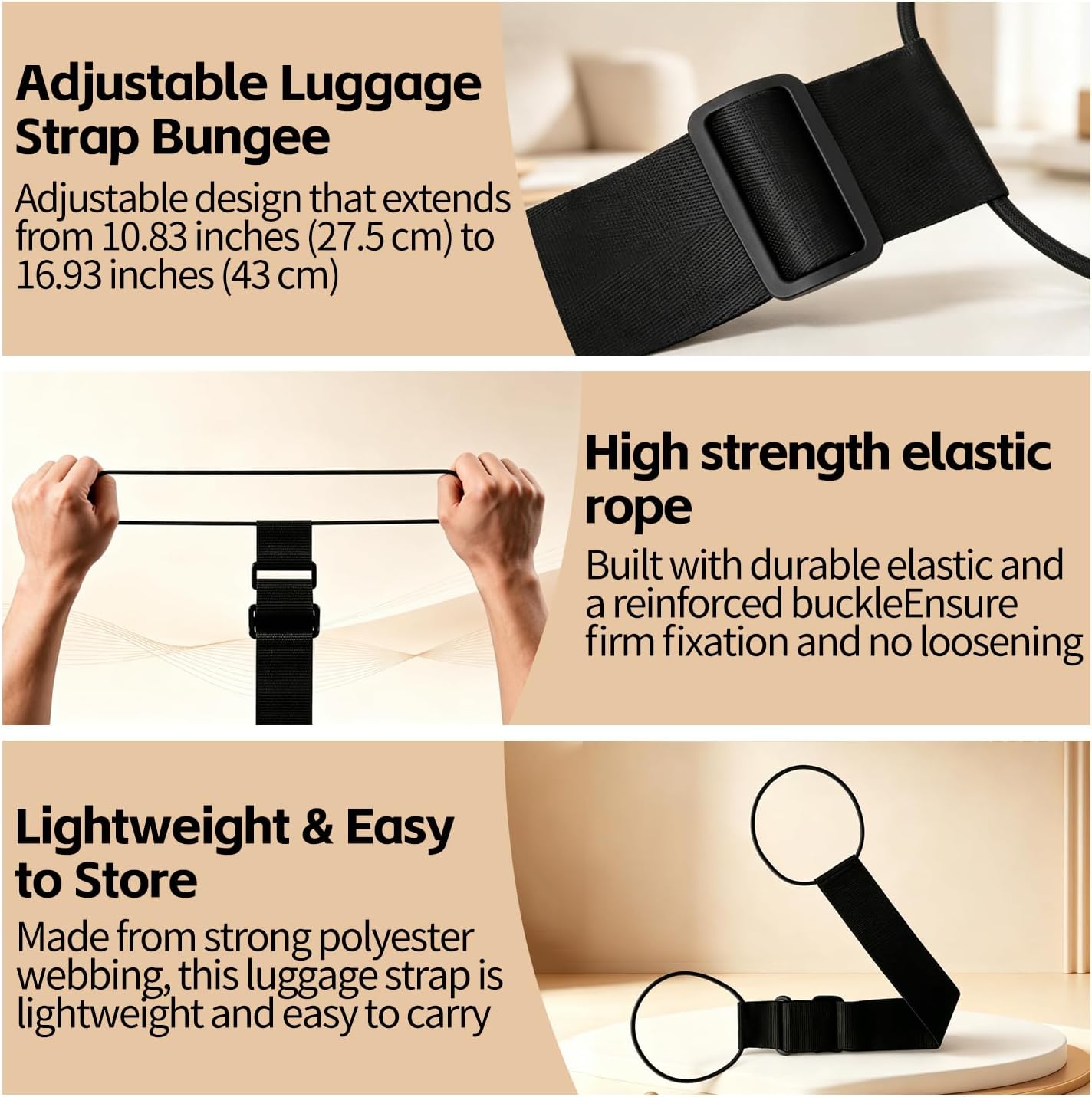 Luggage Straps for Suitcases, 2 Pack Adjustable Luggage Connector Straps, Elastic Add a Bag Strap for Carry On Luggage, Secure Travel Bungee Strap, Travel Accessories, Black