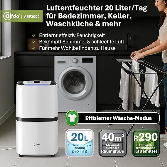alfda AEF2000 Dehumidifier Max. 20 Litres/Day 4 Operating Modes for Rooms up to 30 m² Automatic Operation Touch Display with Drain Hose for Drying Laundry Against Moisture 20 L day up to 30 m² automatic switch-off hygrostat and touch display for bedrooms and bathrooms