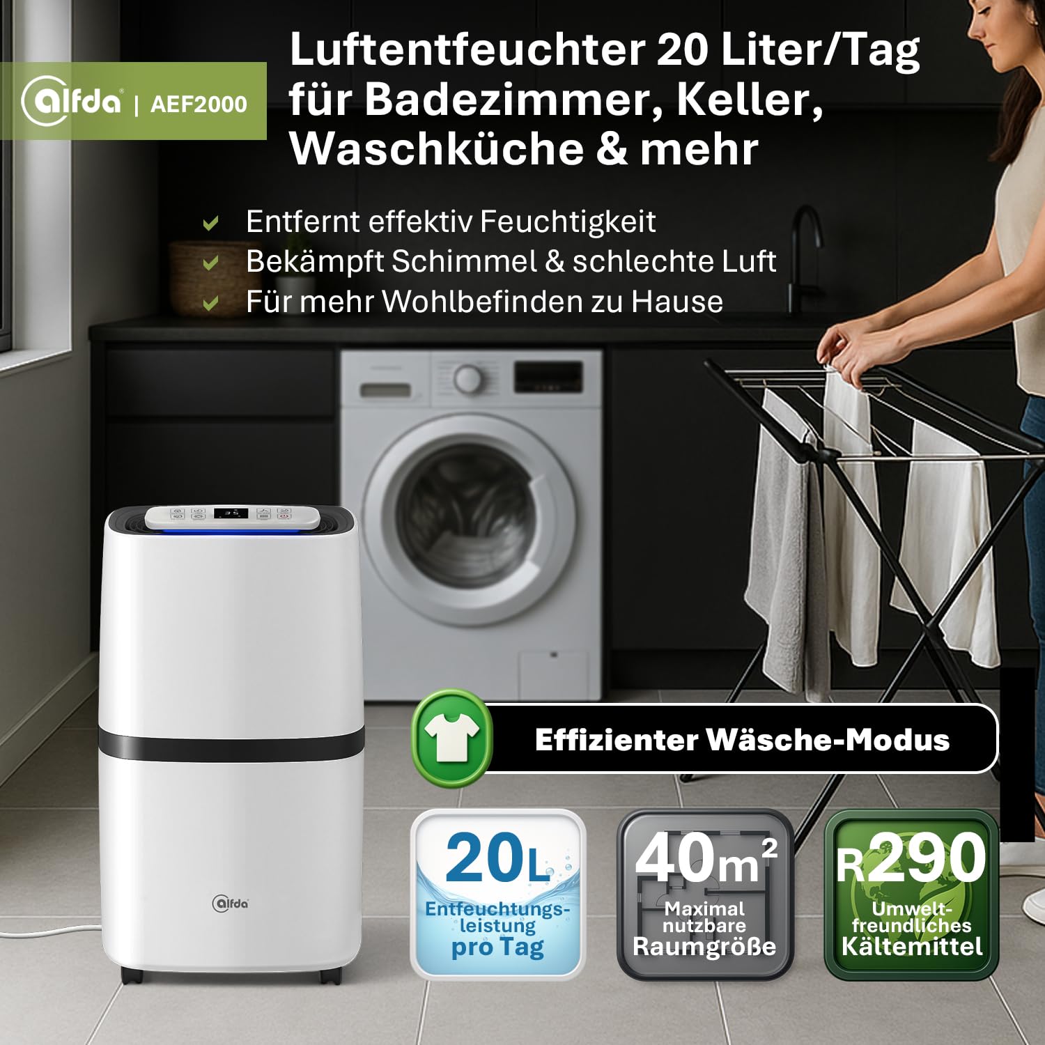alfda AEF2000 Luftentfeuchter elektrisch 20 L Tag | 20 L Tag, bis 30m², Abschaltautomatik, Hygrostat & Touch-Display, für Schlafzimmer & Badezimmer