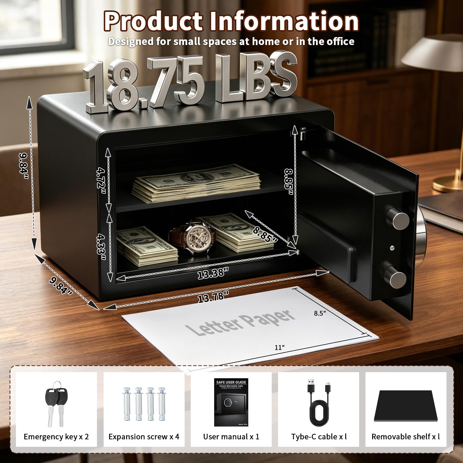 Biometrischer Safe mit Fingerabdruck-Schloss, kleine Tresore für Zuhause mit lautlosem Modus, Tastatur mit Hintergrundbeleuchtung und LED-Licht, digitale Sicherheitsbox für Geld und Schmuck