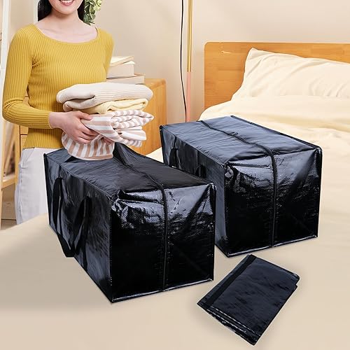 Miniatura 5 de Paquete de 4 bolsas de mudanza negras para cajas de mudanza, almacenamiento de embalaje, extra grande para suministros de ropa con cremalleras,