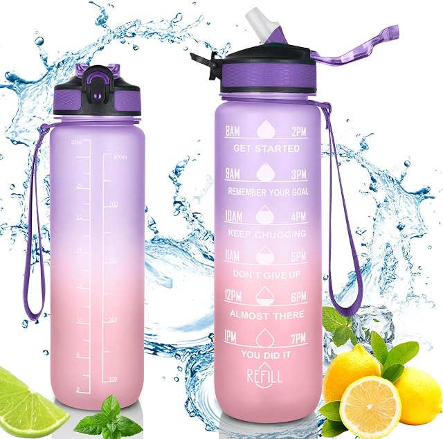 flintronic 1000ml Leakproof Best Sports Water Bottle Leak Proof, BPA Free Tritan Plastic Eco-Friendly Drink Bottles with Filter & Time Marker, One Click Flip Lid, Lid for Gym Yoga Fitness Camping
