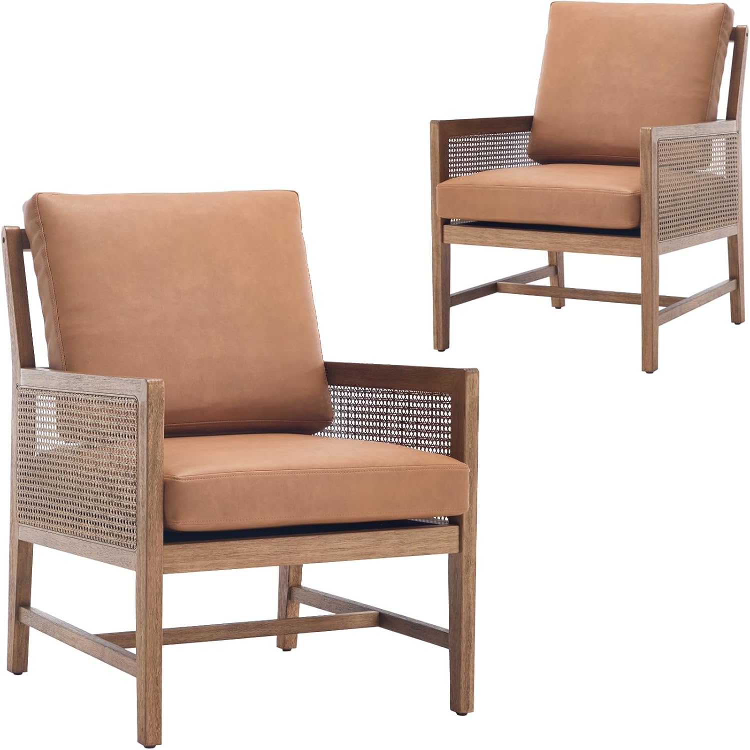 Chairus Mid-Century Modern Accent Chairs Set of 2 - Faux Leather Armchairs with Cane Armrests & Solid Wood Frame