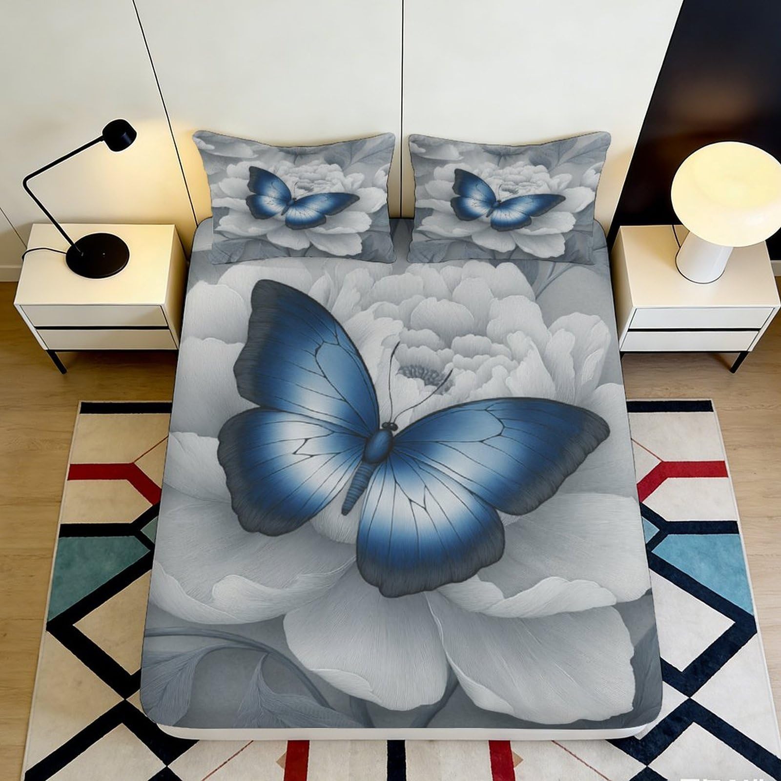 Jxqhbvmg Style-9 3D Printed Butterfly Floral Fitted Sheet Microfiber Deep Pocket Bedroom Bedding Butterfly Floral Mattress Fitted Cover Non-Slip Washable 90X200x25cm