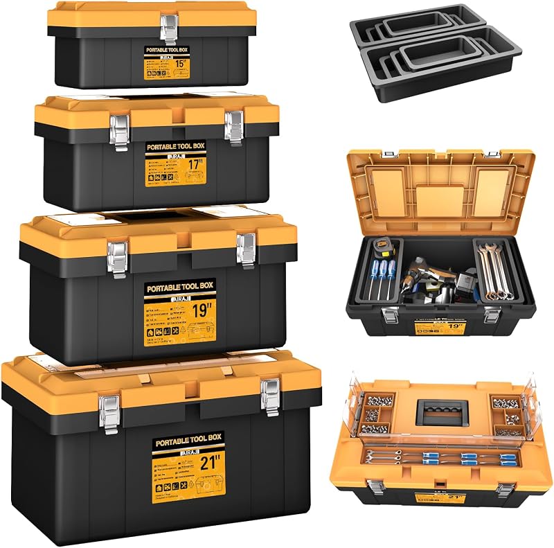 Tool Box | 4 In 1 Toolbox Set | 8 Removable Tool Box Organizers | 15”+17”+19”+21” | Lockable Portable Tool Boxes | Mini/Small/Large Toolboxes | Garage Storage Tools | Home/Professional | Hand/Power