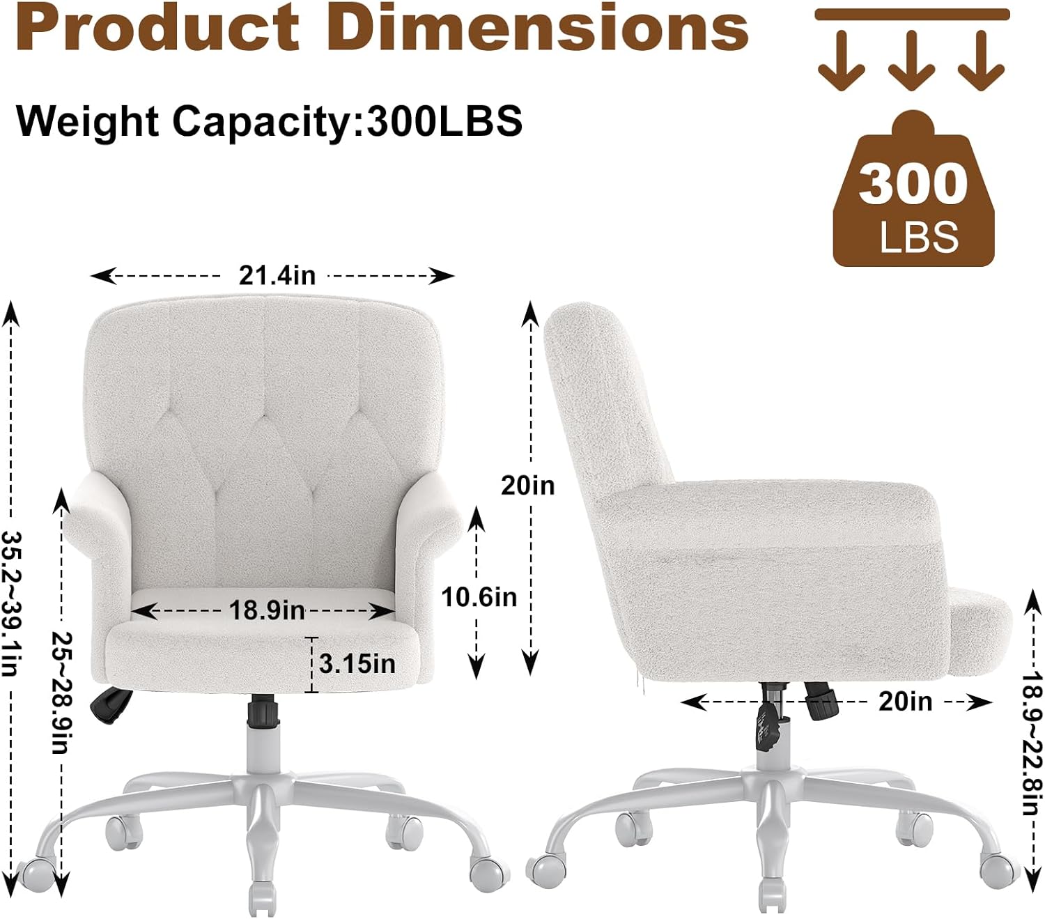 Diagram showing detailed product dimensions and 300 lbs weight capacity