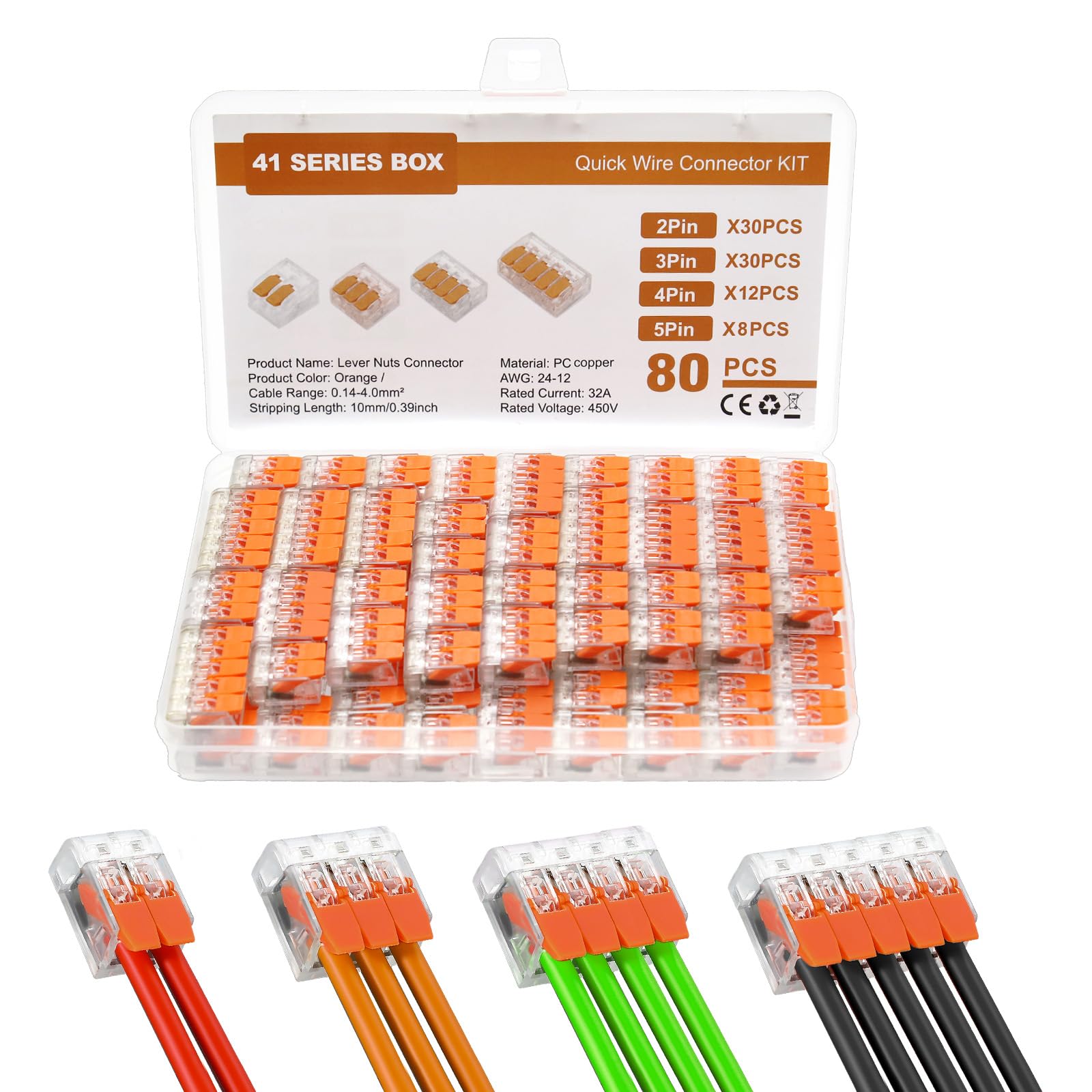 80Pcs Lever-Nut Wire Connectors, 2/3/4/5-port Compact Electrical Connectors, Cable Connectorsfor Wire 12-24 AWG, Compact Splicing Connectors for Circuit Inline, Terminals Blocks, Flame Retardant PC