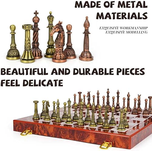 Miniatura 2 de Juego de ajedrez de metal vintage para adultos y niños, tablero de ajedrez plegable de mármol con almacenamiento, elegante juego de ajedrez de viaje