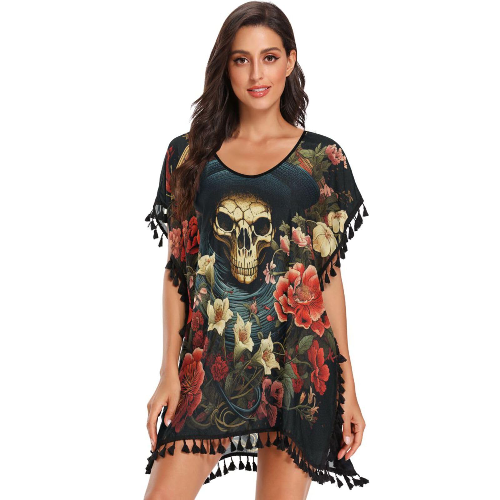 KAAVIYO Angry Snake Skull Rose Women's Beach Cover Up Chiffon Tassel Swimwear Swimsuit Coverups for Girl