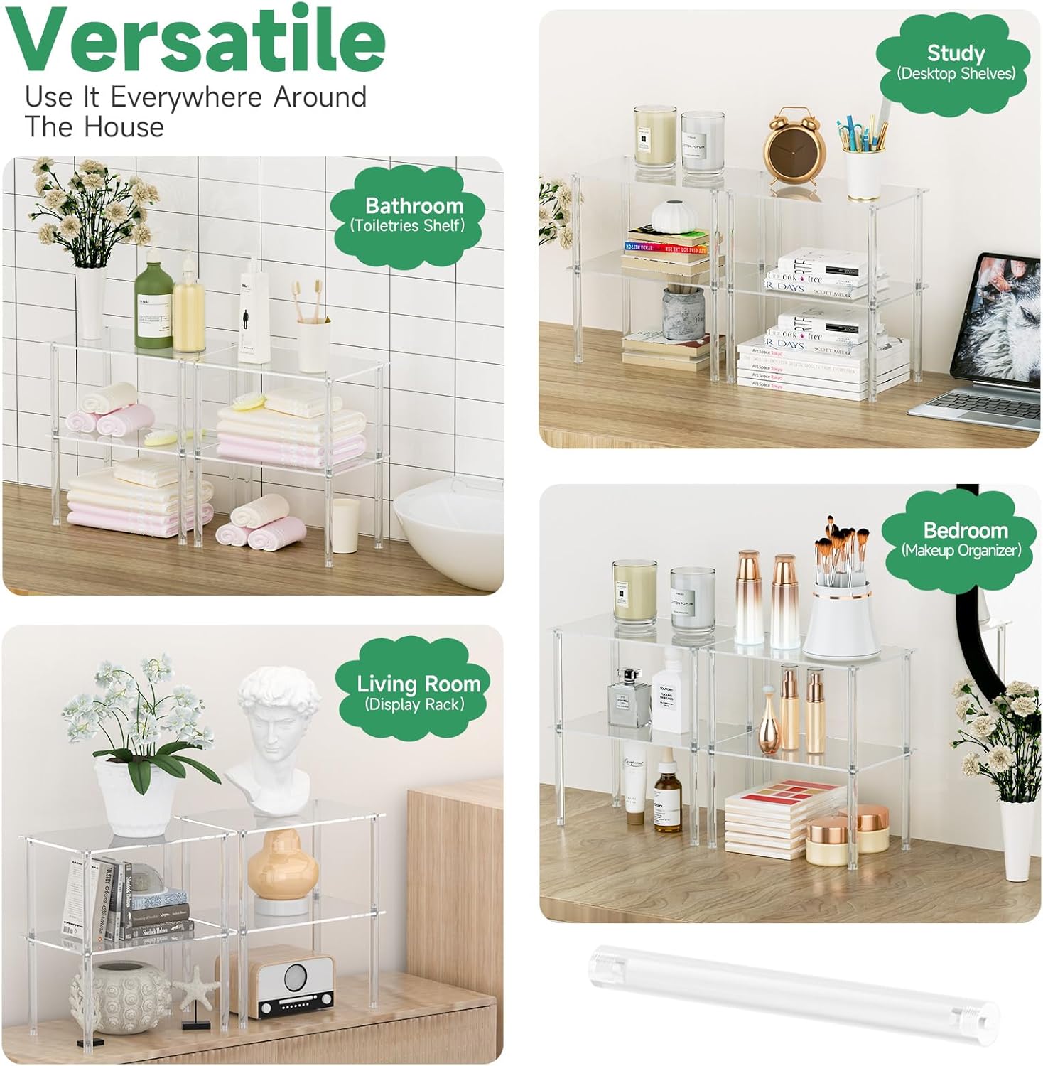 Acrylic Cabinet Organizer, Clear Cabinet Organizer Shelf, Stackable, Expandable, Spice Rack, Adjustable Counter Shelf for Makeup, Bathroom, Cupboard, Desk, Kitchen Pantry Organization (Clear-4PACK)