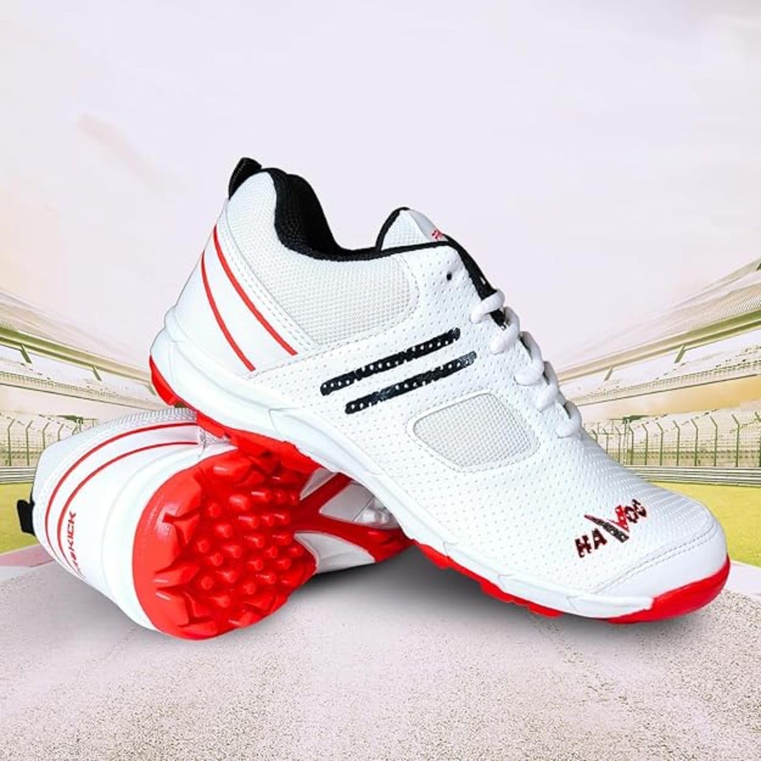 Prokick Havoc Cricket Shoes for Men and Women|Lightweight & Durable Cricket Shoes|PVC Studs Spikes Sports Shoe for Unisex|Synthetic Leather Upper Sports Shoes|EVA Sockliner (WHITE/RED/BLACK, UK Footwear Size System, Adult, Men, Numeric, Medium, 11) 3