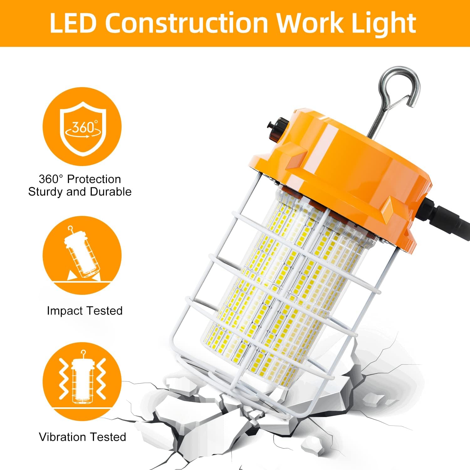 80W LED Temporary Work Light 12000Lm 5000K Construction Lights Led Work Light IP67 Dust Waterproof Portable Lights with Stainless Steel Guard Hook for Mine Wharf Job Site Garage Factory Lighting - Image 4