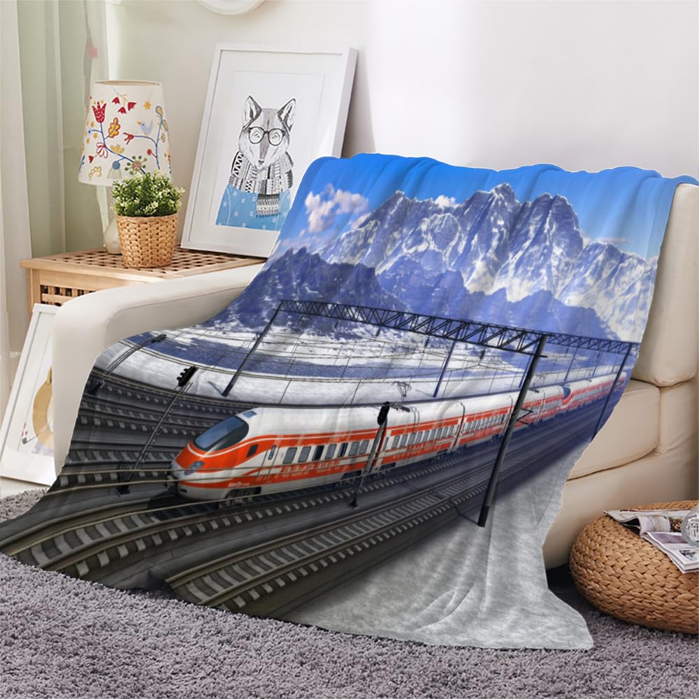 Kuscheldecke Erwachsene 3D Zug Flanelldecke Sherpa Fleecedecke Motiv Decke 150x200 cm Mädchen Jungen Schneeberg Weiche Microfaser Warmer Wohndecke Bettüberwurf Sofatdecke