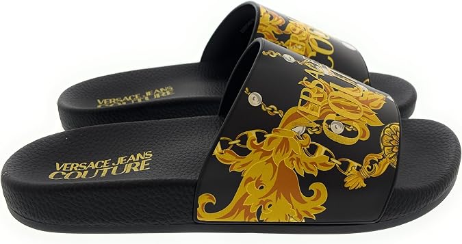VERSACE JEANS COUTURE Womens Black/Gold Signature Pattern Pool Slide-EU35