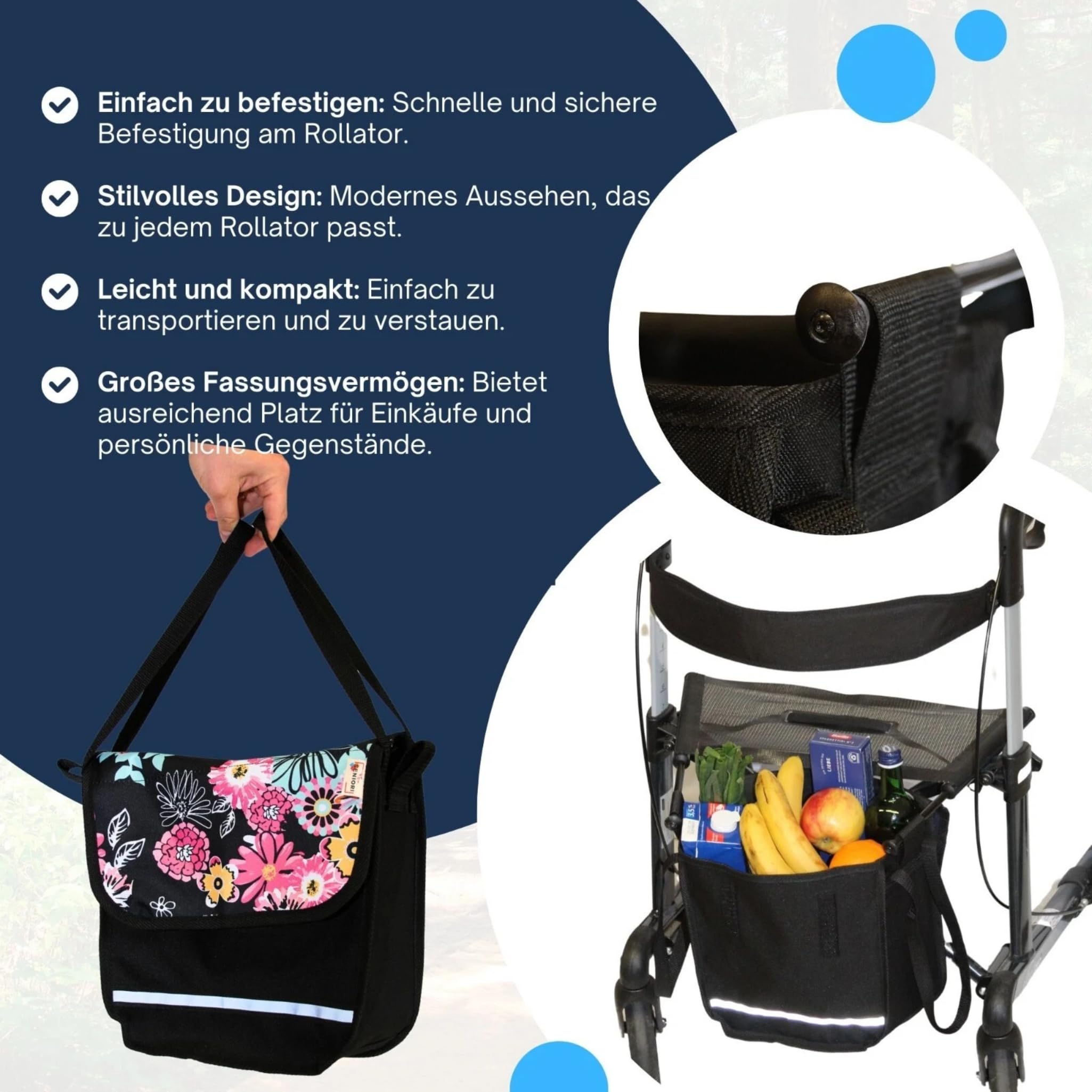 SENIORI Rollator- und Rollstuhltasche – Bequeme Befestigung & viel Stauraum – für Verschiedene Modelle – Mit Reflektor, Klettverschluss & stabiler Form (4. Blumen, V-Modell)