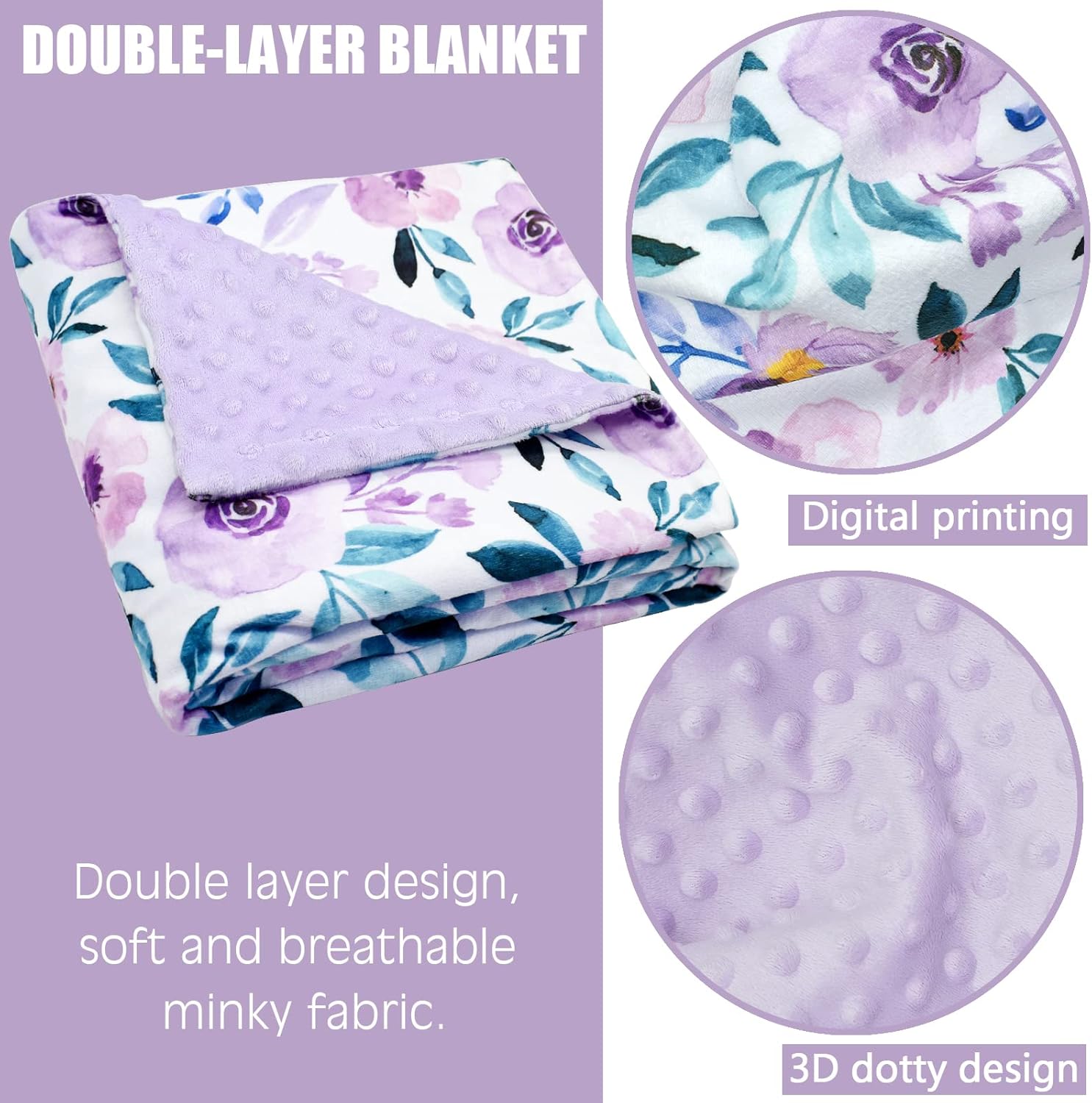 Baby Blankets for Boys Girls Soft Minky Blanket for Newborn Infant Toddler Used for Crib Stroller Nursery (Purple Floral) - Image 2