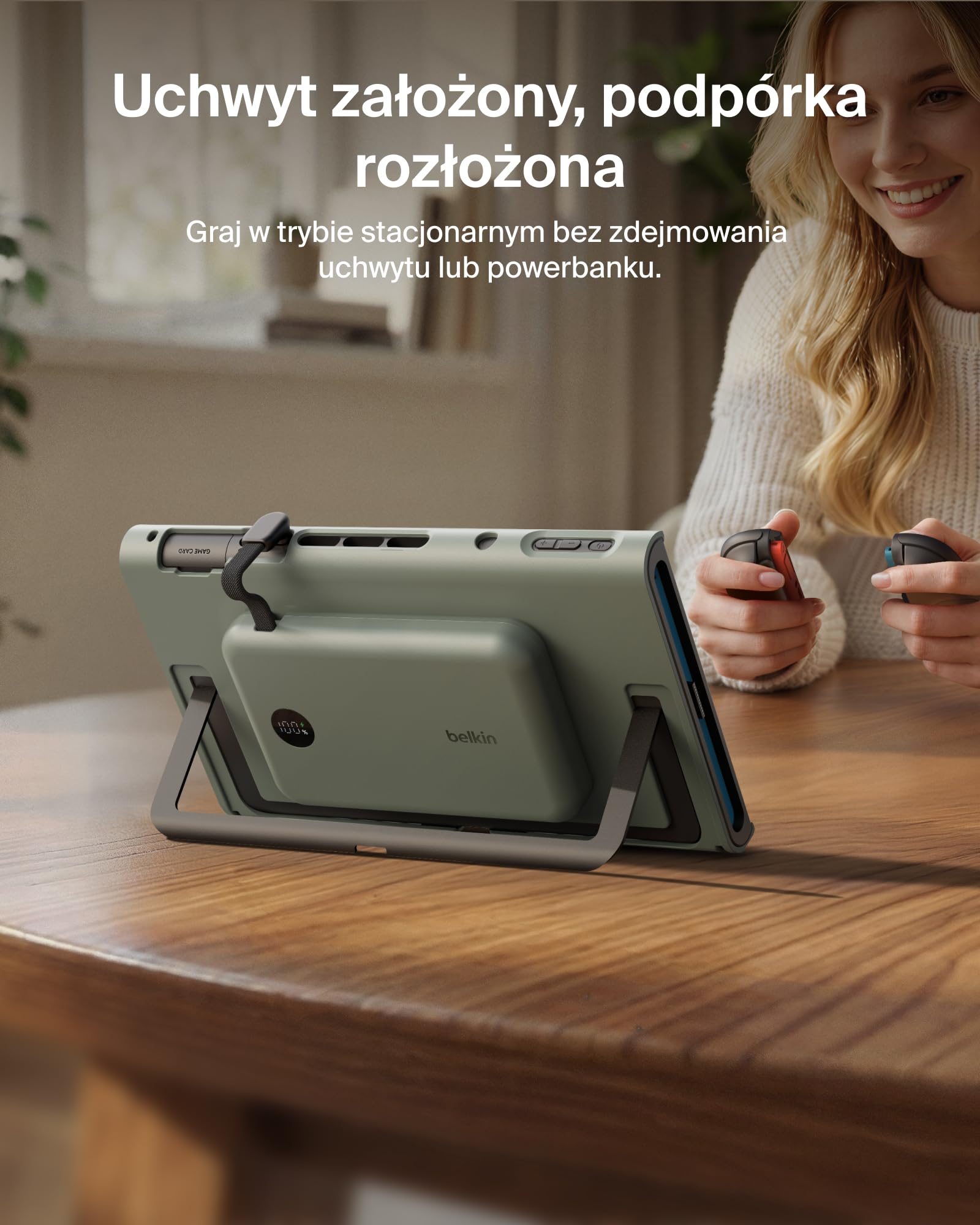 Belkin Gaming Uchwyt Ładujący do Nintendo Switch 2, 10 000 mAh – Zielony | Odłączany Powerbank Magnetyczny 10 000 mAh, 30 W, Zgodny z Podpórką, Ergonomiczny Uchwyt Antypoślizgowy, Wyświetlacz