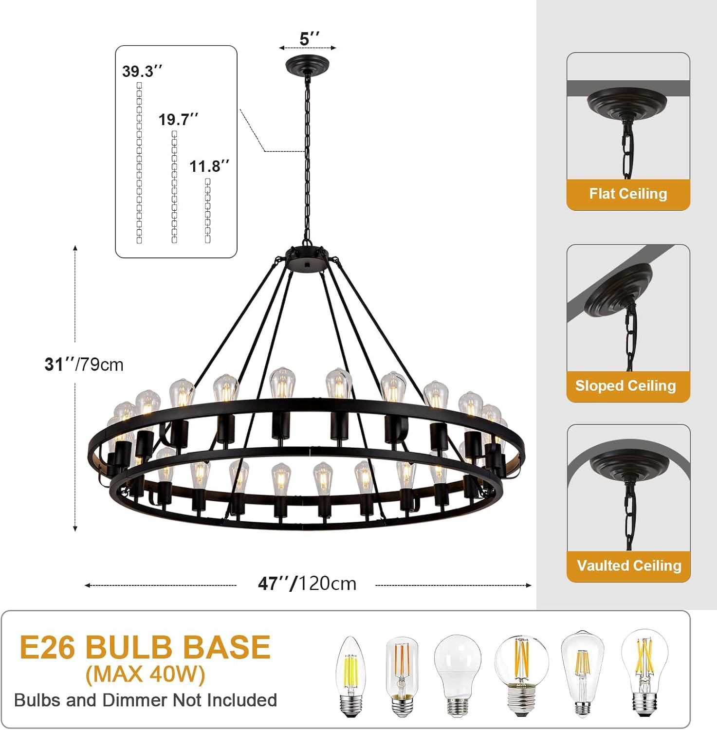 47.24 Inch Black Wagon Wheel Chandelier, 24 Light Wagon Wheel Light Fixture Extra Large Black Chandelier, Outdoor Chandeliers for Porch Round Large Chandeliers for High Ceilings Living Room