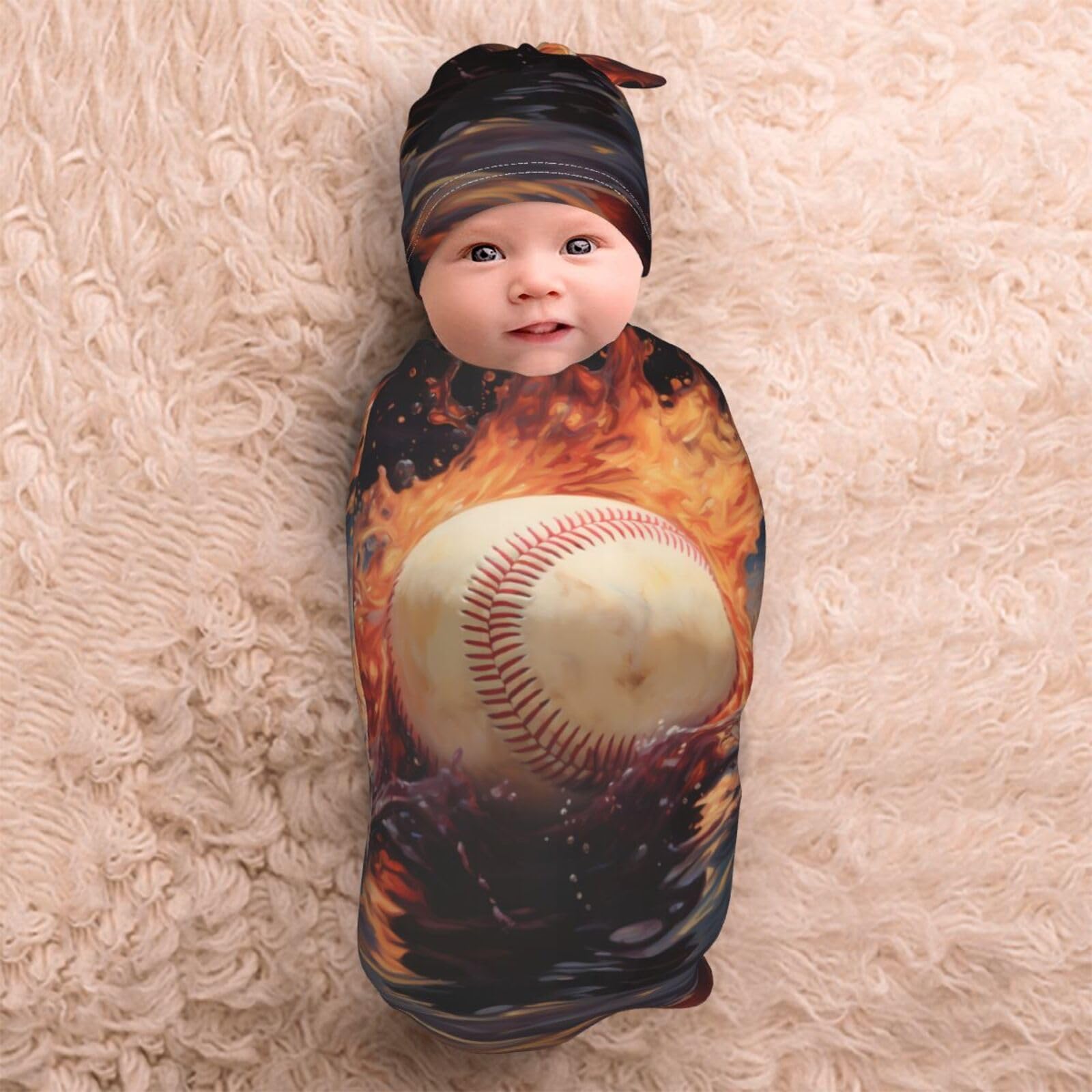 3d Baseball Bianco In Fuoco E Acqua Swaddle Coperta E Cappello Set Per Neonati Avvolgere Accogliente Per Neonati Bambino Comfort 29x53 cm