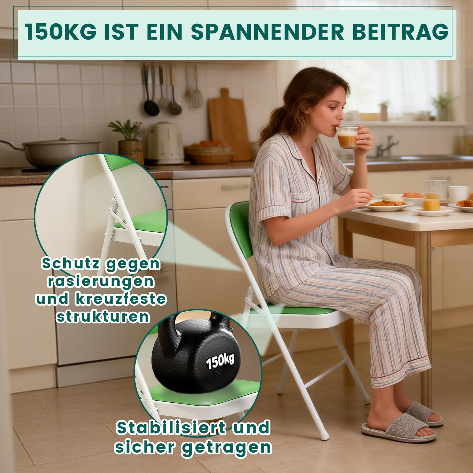 Klappstuhl 4er Set mit PU-Leder & Gepolstert Polsterung, Stabiler Metallrahmen, Leicht & Platzsparend, für Büro, Zuhause, Events Indoor Outdoor(4, Grün)