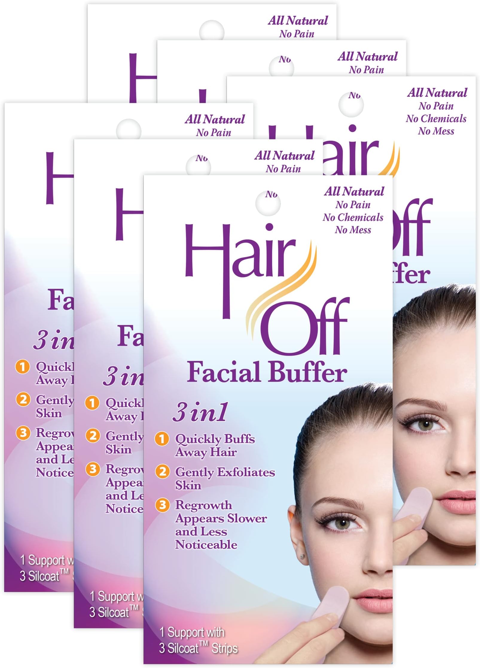 Hair Off Facial Buffer - Painless & Chemical Free Facial Hair Remover & Gentle Face Exfoliator - Hair Eraser to Slow Regrowth on Chin, Lip & Cheeks (3 Buffers Per Box, Pack of 1)