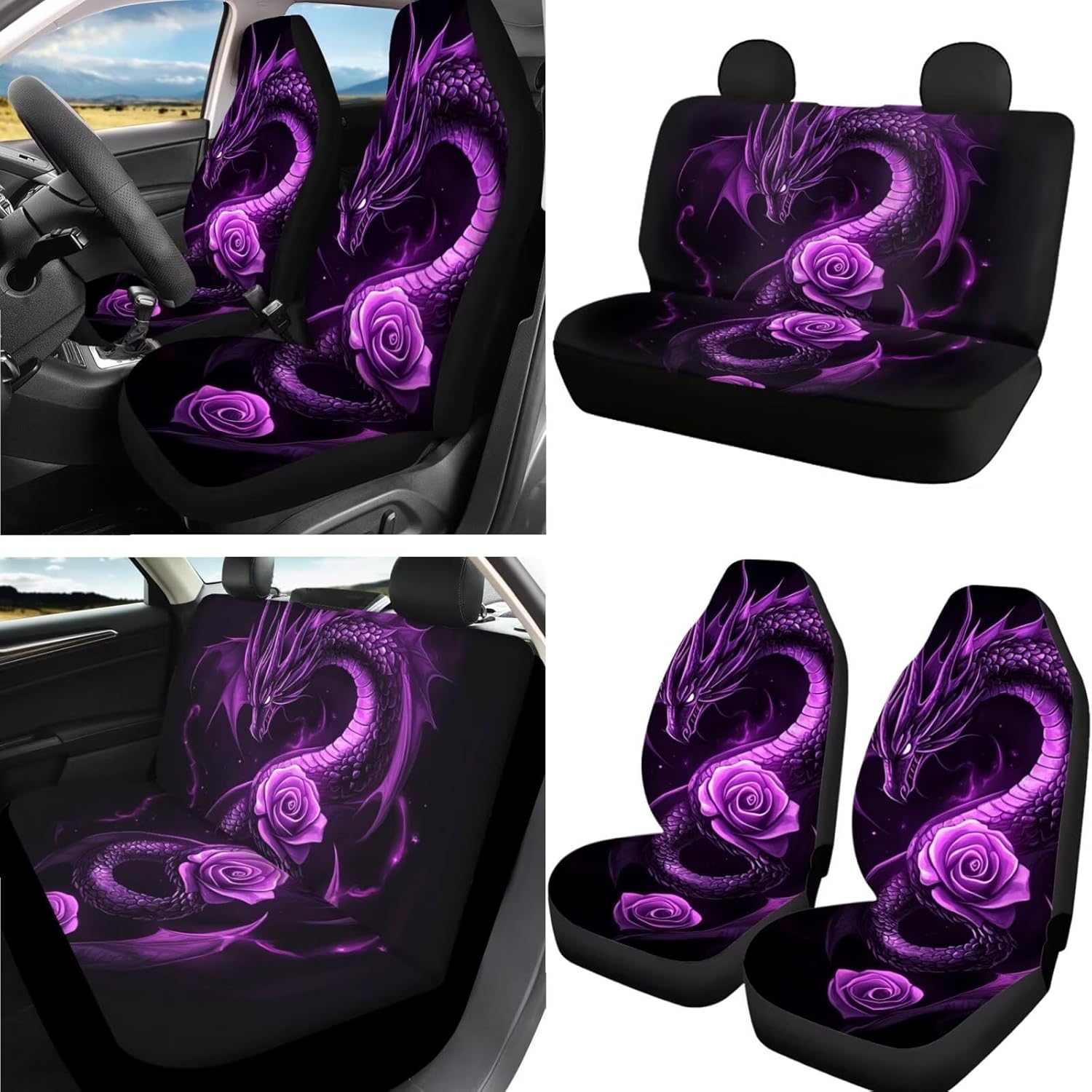 GIFTPUZZ Purple Dragon 11-Piece Car Interior Accessories Set Front & Back Seat Protectors with Seat Belt Pads, Coasters, Steering Wheel Covers, Gear Shift Knob Cover & Handbrake Cover for SUV, Van