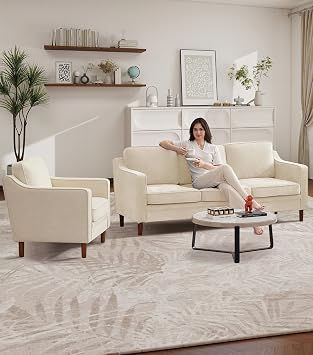 Kingfun Accent Chair, Living Room Chairs, Mid Century Reading Armchair, Chenille with Solid Wood Foot, Upholstered Modern Decor for Bedroom, Apartment, Beige