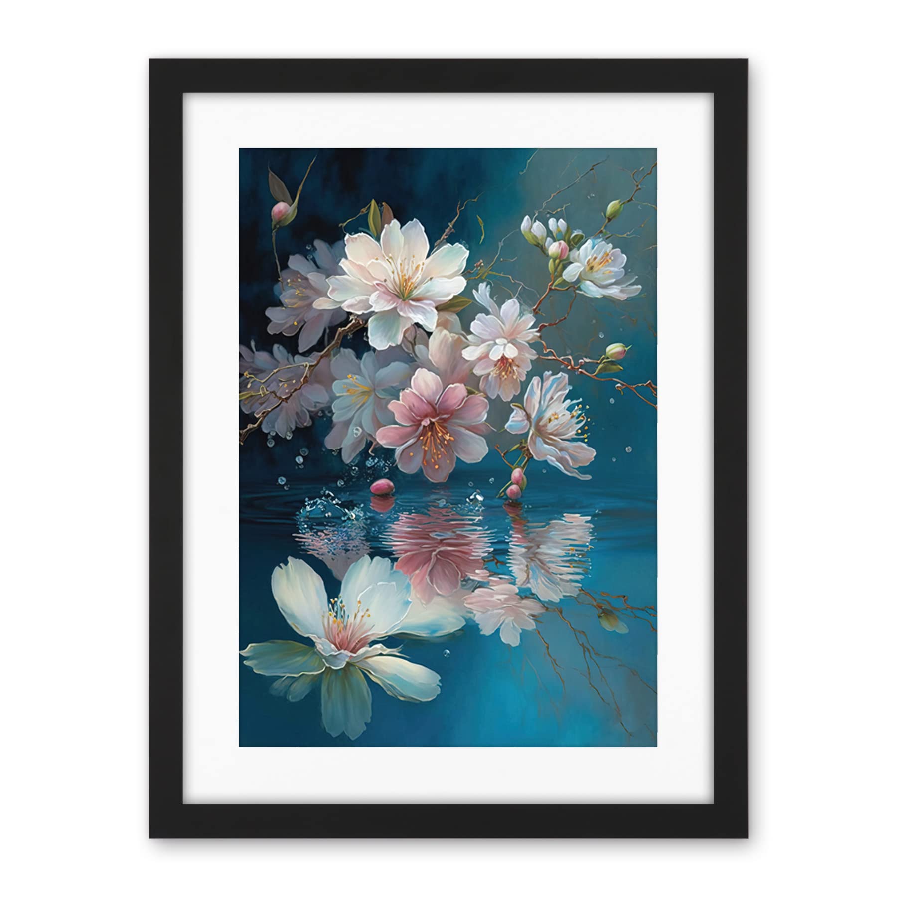 Artery8 Cherry Blossom Branch Dancing Over Water Modern Watercolour Painting Artwork Framed Wall Art Print 18X24 Inch