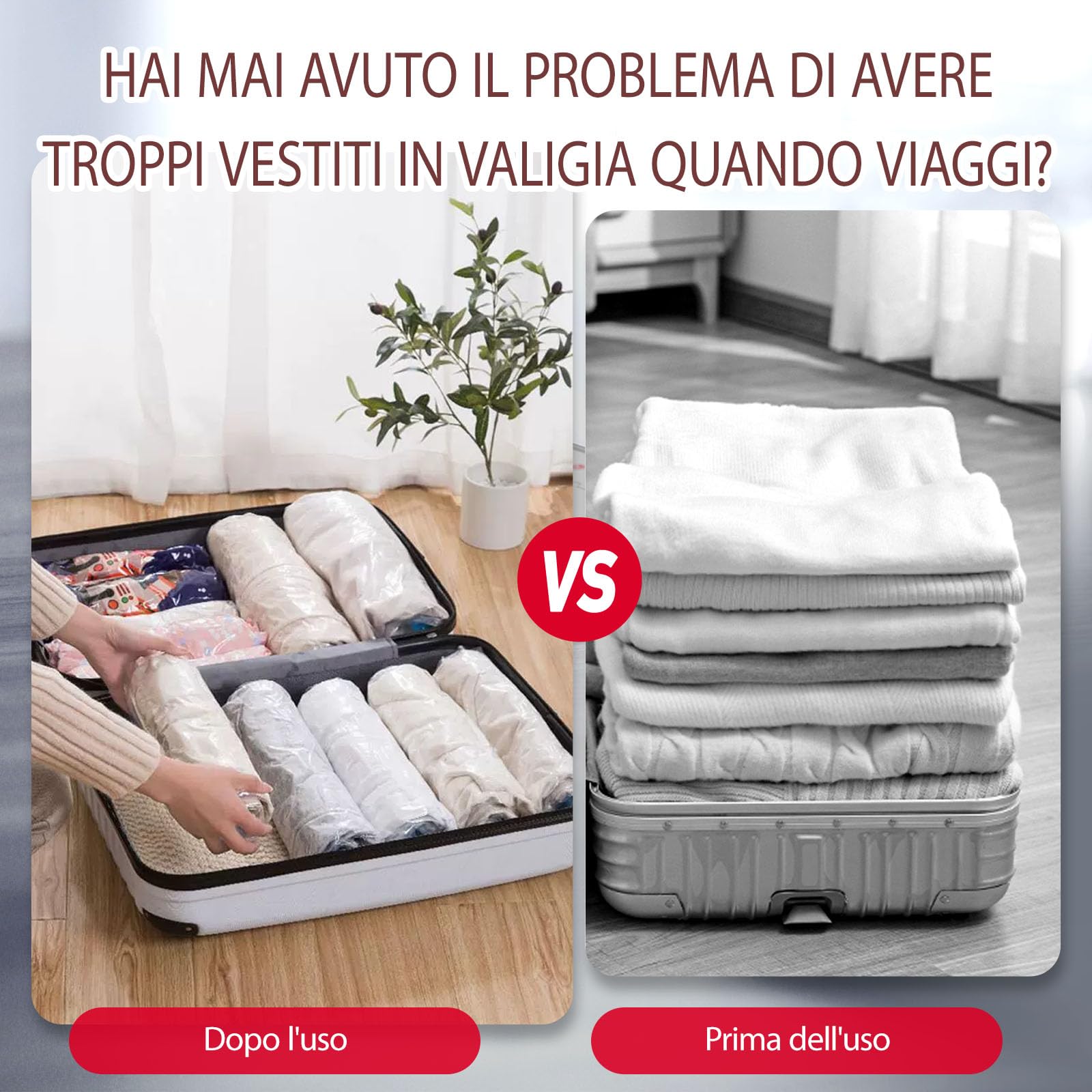 Set Di 6 Sacchetti Sottovuoto Per Abbigliamento 40x50 Cm, In PA+PE Con Doppia Chiusura E Valvola Turbo, Riducono Volume Fino All'80%, Per Viaggio E Casa