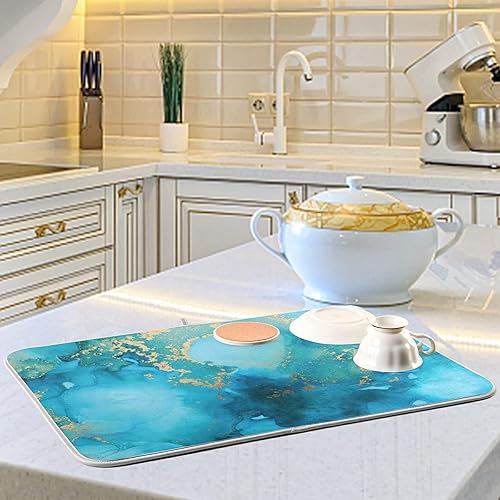 Miniatura 6 de Tapete de secado de platos con textura de mármol azul dorado para cocina, comedor, platos secos, almohadillas absorbentes, encimeras, encimera,