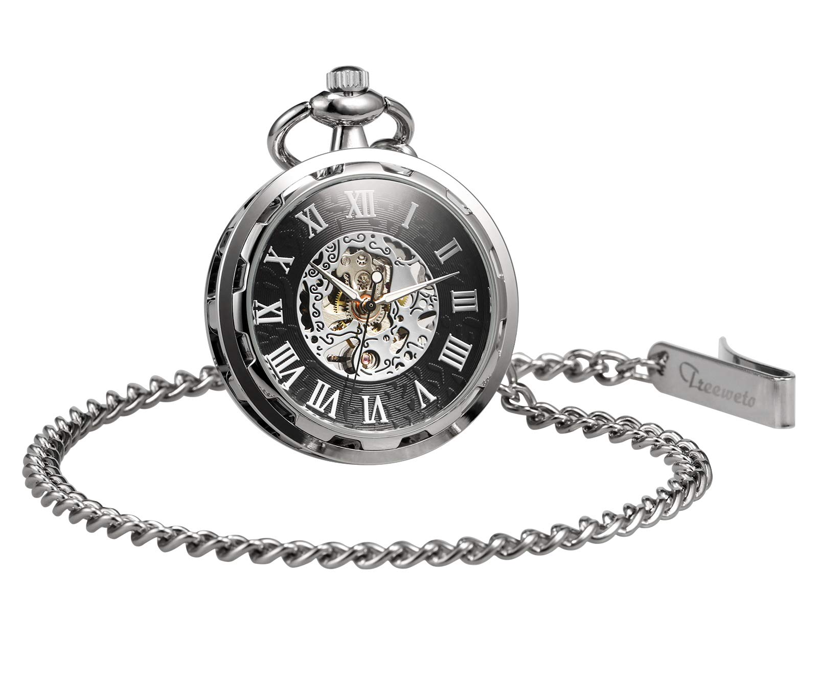TREEWETO Taschenuhr mit Kette Herren Analog Mechanische Handaufzug Offenes Gesicht Skelett Bewegung