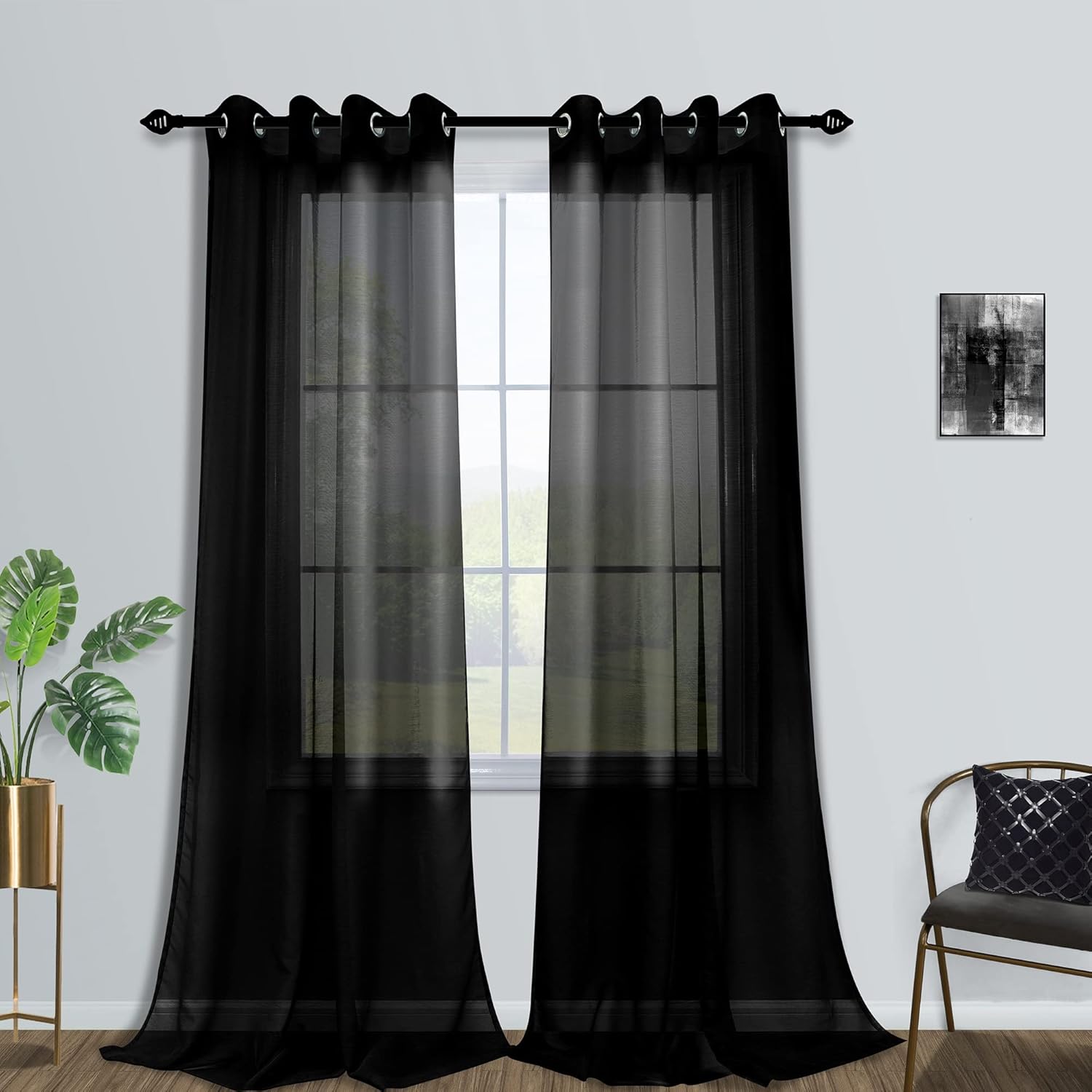 Mrs.Naturall Black Sheer Curtains 108 Inches Long for Living Room 2 Panels Set Ceiling Grommet Extra Long Window Treatment Drapes for Bedroom 9FT 52x108 Inch Length