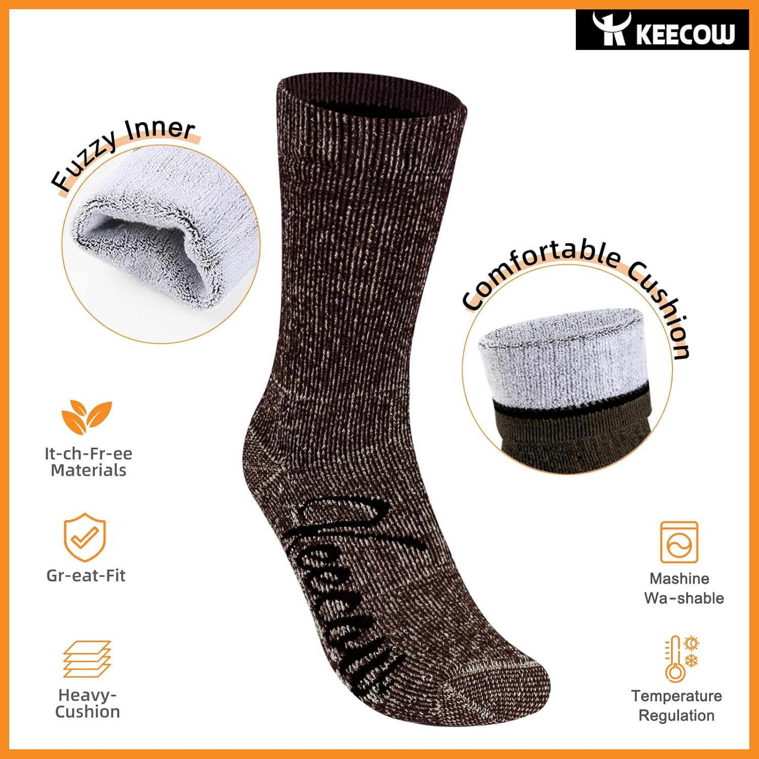 KEECOW Merino Wool Crew Socks For Men & Women, Thermal, Warm, Winter, Cushion, Hiking, Working, Running, 3 Pairs - Image 4