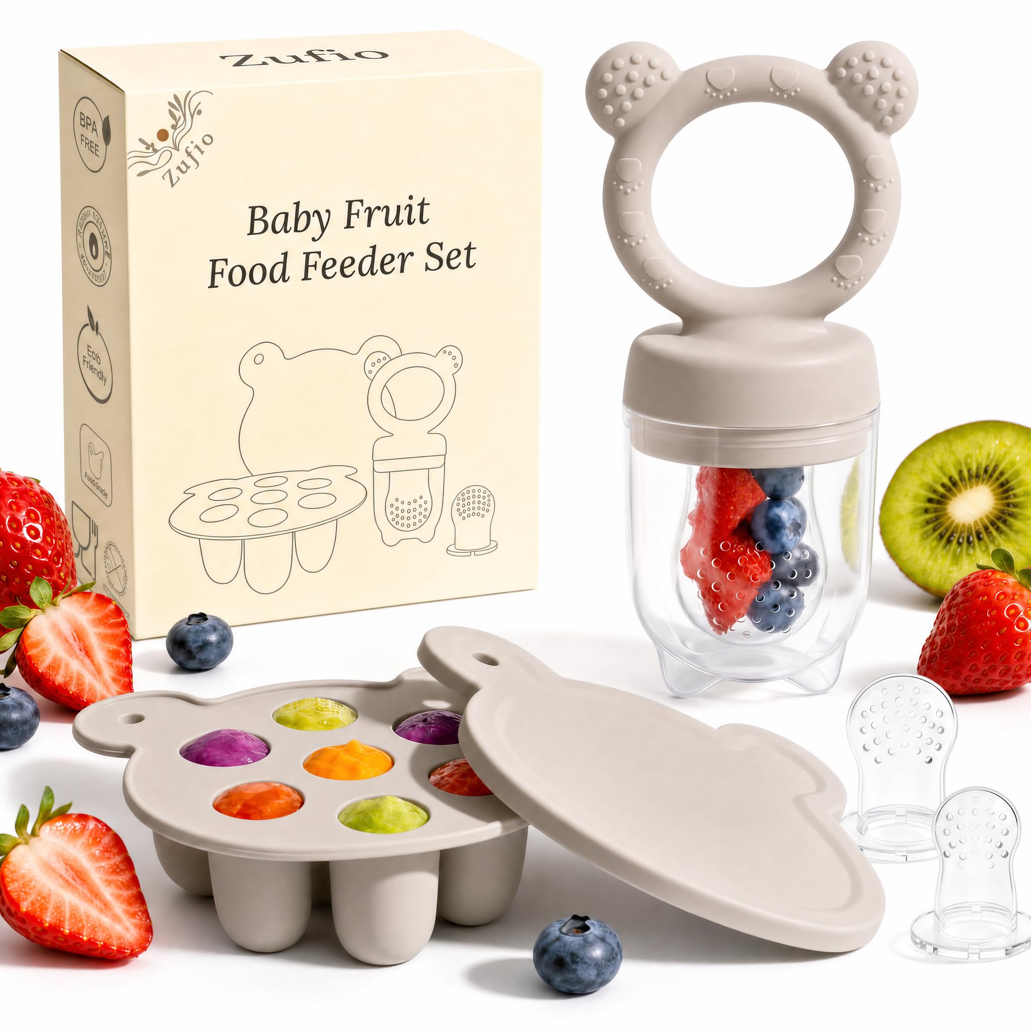 Baby Fruit Feeder for Teething, Food Feeder, 3 Silicone Teat Sizes, Grey โ image 1