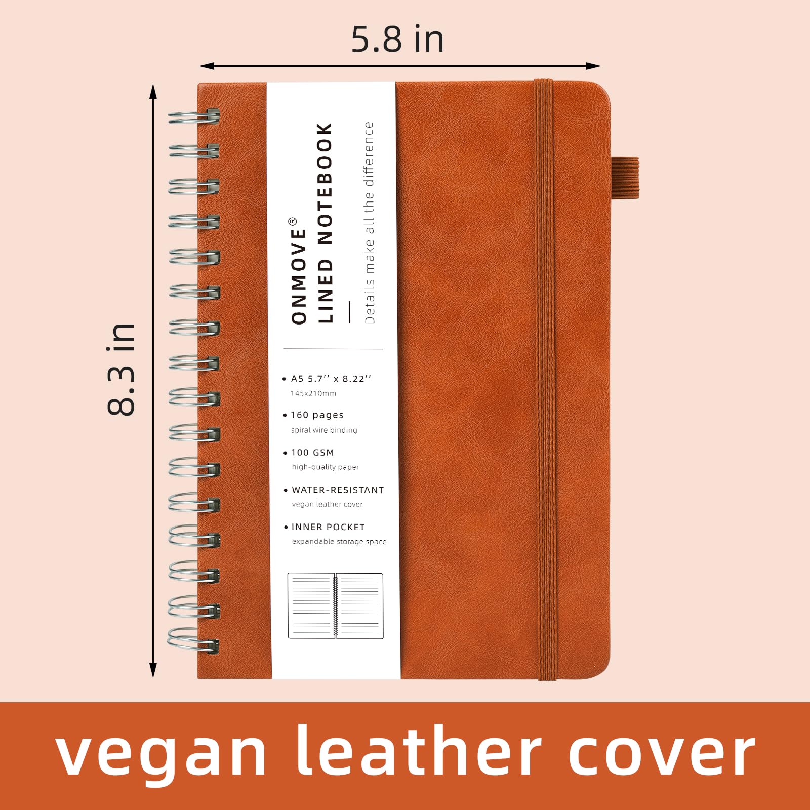 OnMove Lot de 12 carnets à spirale pour homme et femme avec couverture rigide en cuir et porte-stylo - Format A5 - 160 pages - Papier épais de 100 g/m² - Pour le travail et l'école - Ligné marron