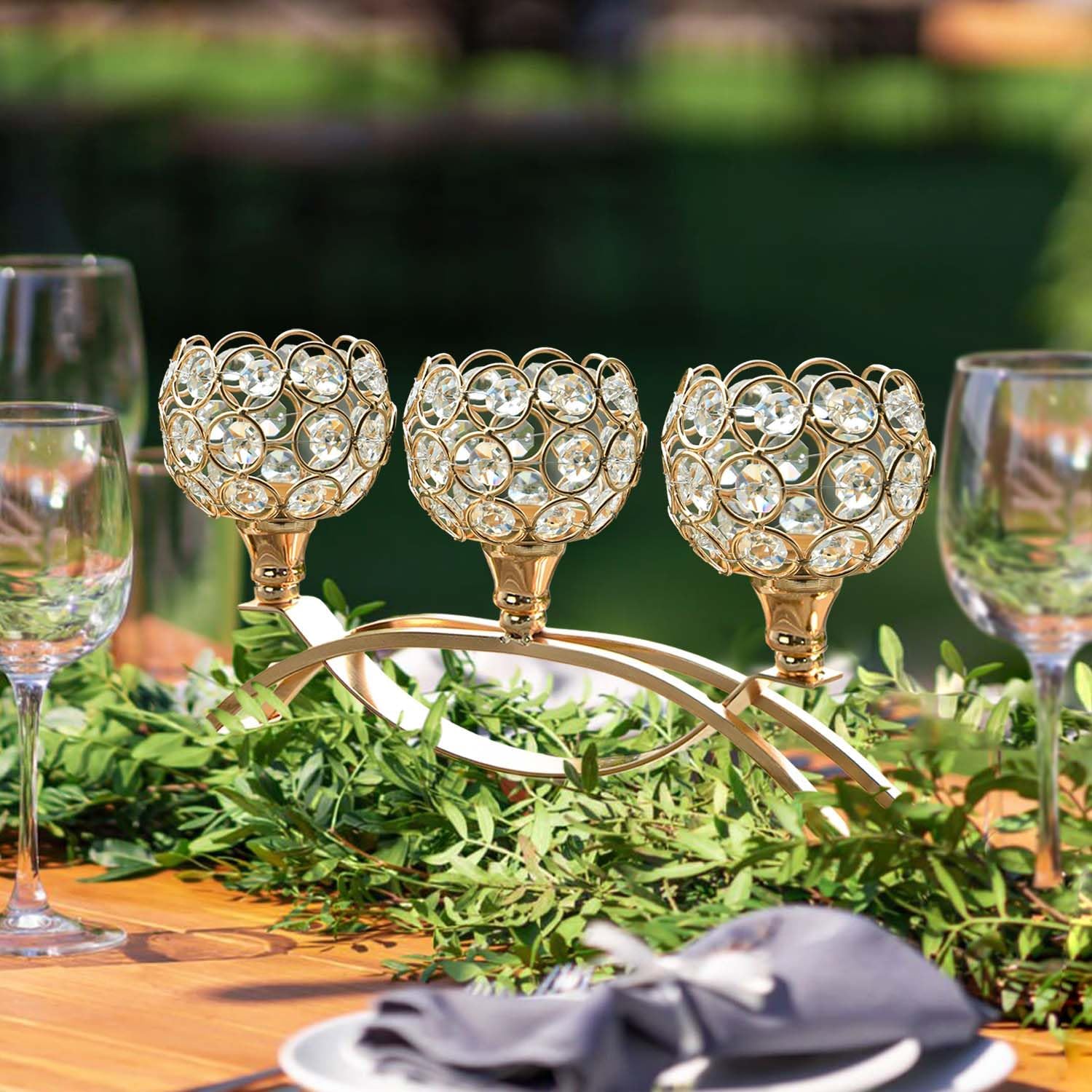 Crystal Tealight Candle Holder Centerpiece Home Decorative Candlestick Holder Elegant Table Centerpiece Home Decor Wedding Party Anniversary (Gold, 3 Arm)