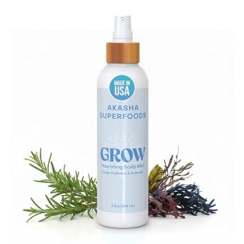 Akasha Superfoods GROW Nourishing Prebiotic Scalp Mist Hydrating Hair Growth Spray with Aloe, Kelp Minerals, Rosemary & Peppermint Supports Healthy Scalp, Reduces Thinning & Strengthens Hair