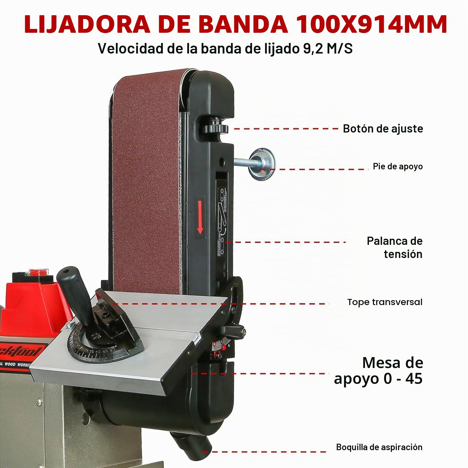BUCKTOOL Lijadora de banda de 500W con accesorios | Lijadora de banda de lijado 9,2 m/s, velocidad de rotación del disco abrasivo 2980 rev/min | muela Ø 200mm