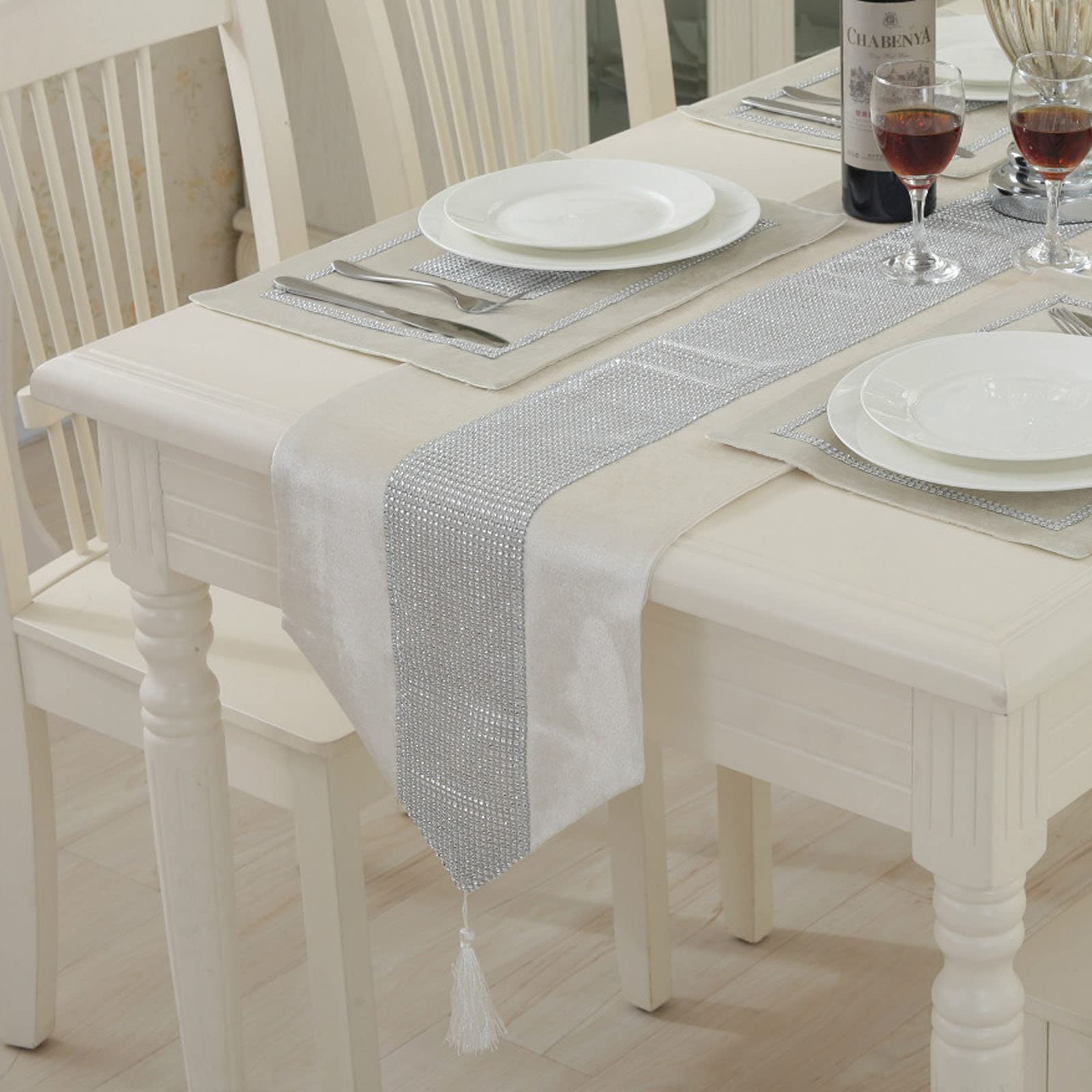 Vilygret 13X82 Inch Table Runner, Sequined Rhinestone Runners with Diamante Strip and Elegant Tassels for Home Kitchen Party Wedding Decorations,